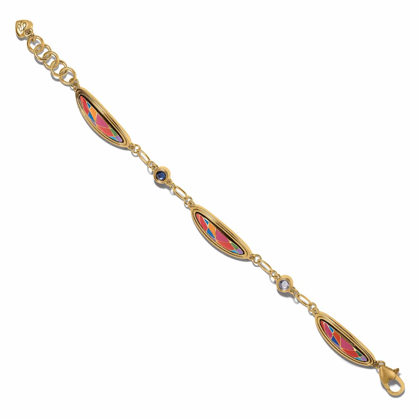 Brighton gold-plated bracelet with three colorful enamel oval stations and blue and clear crystal accents on a white background