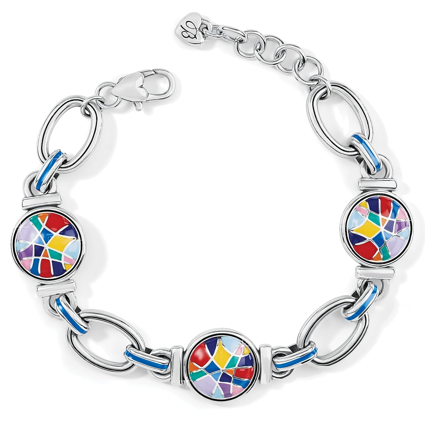 Brighton bracelet with three multicolored enamel mosaic discs, silver-plated links, and blue enamel accents on a white background