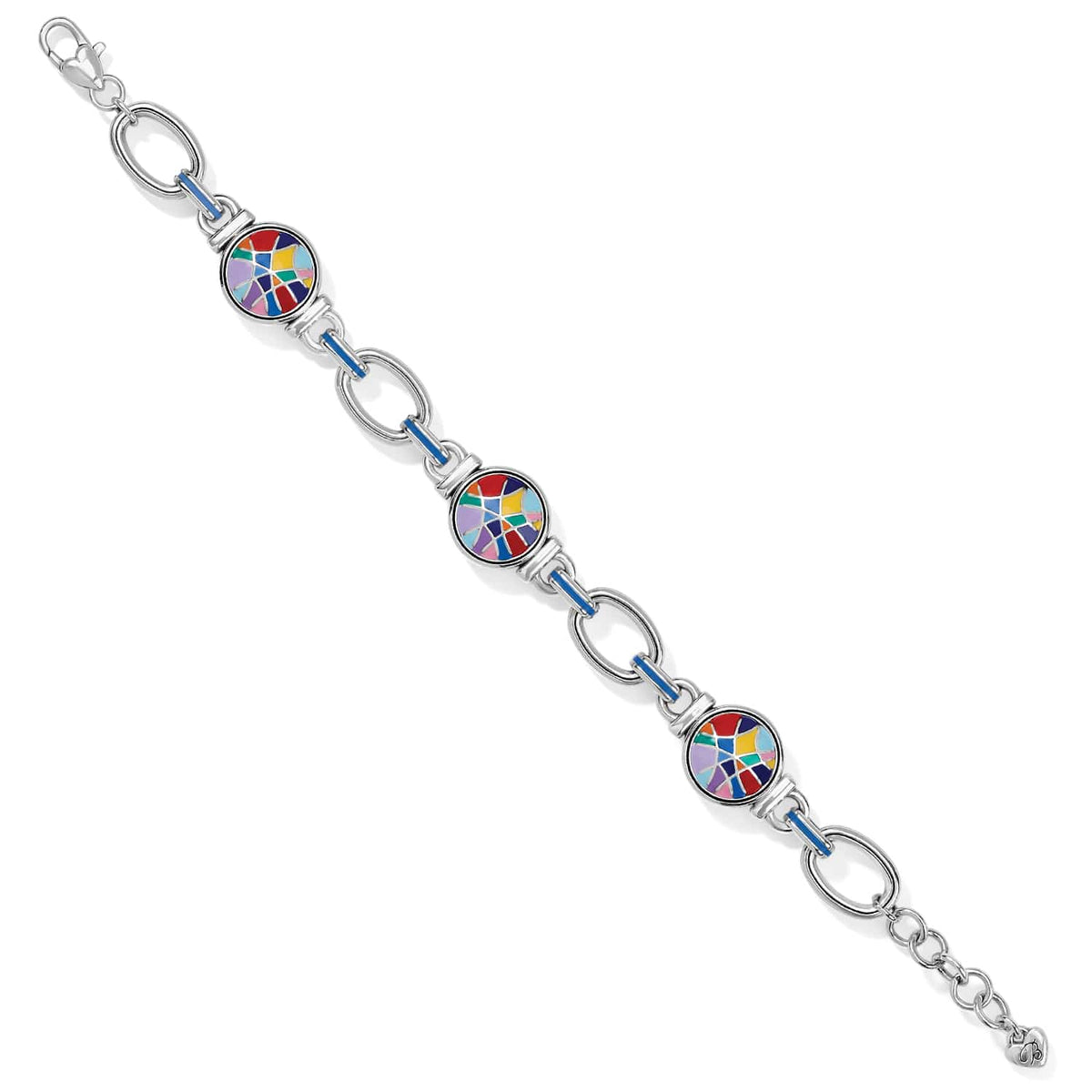 Brighton link bracelet with silver-plated oval links and three multicolor enamel mosaic discs on a white background