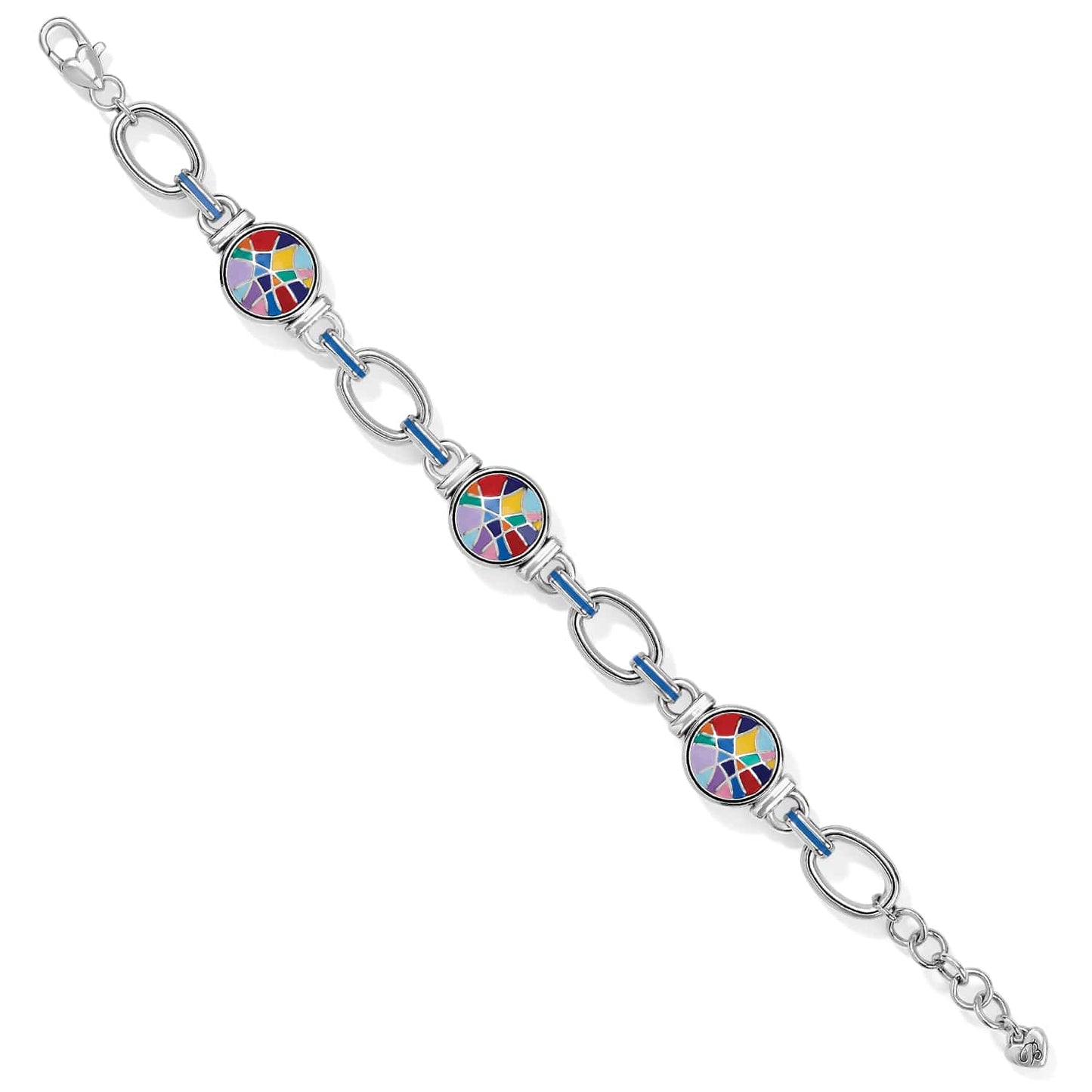 Brighton link bracelet with silver-plated oval links and three multicolor enamel mosaic discs on a white background