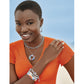 Model wearing a Brighton silver-plated pendant necklace with colorful enamel mosaic disc and coordinating Brighton accessories
