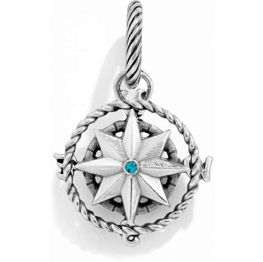 Brighton compass rose charm pendant with silver-plated rope frame and blue crystal center on a white background