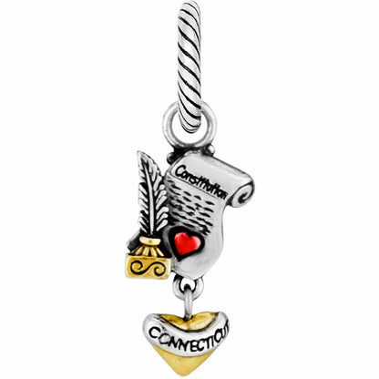 Brighton Connecticut charm with silver-plated Constitution scroll, quill, red heart, and gold-tone state heart on a white background