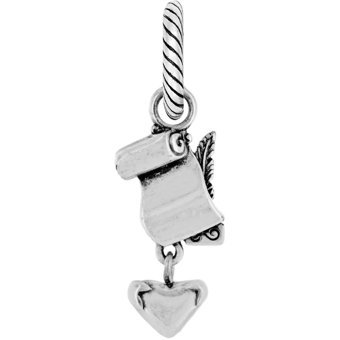 Brighton charm with silver-plated scroll, feather quill, and dangling heart accent on a white background