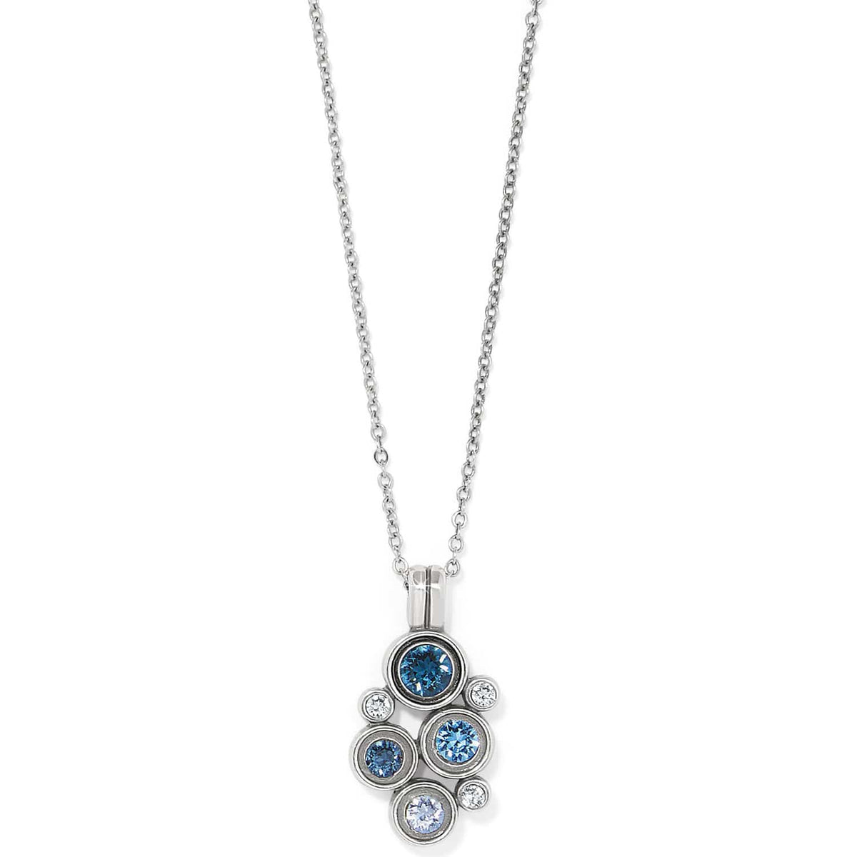 Brighton pendant necklace with blue and clear crystals in silver-plated bezel cluster setting on a white background