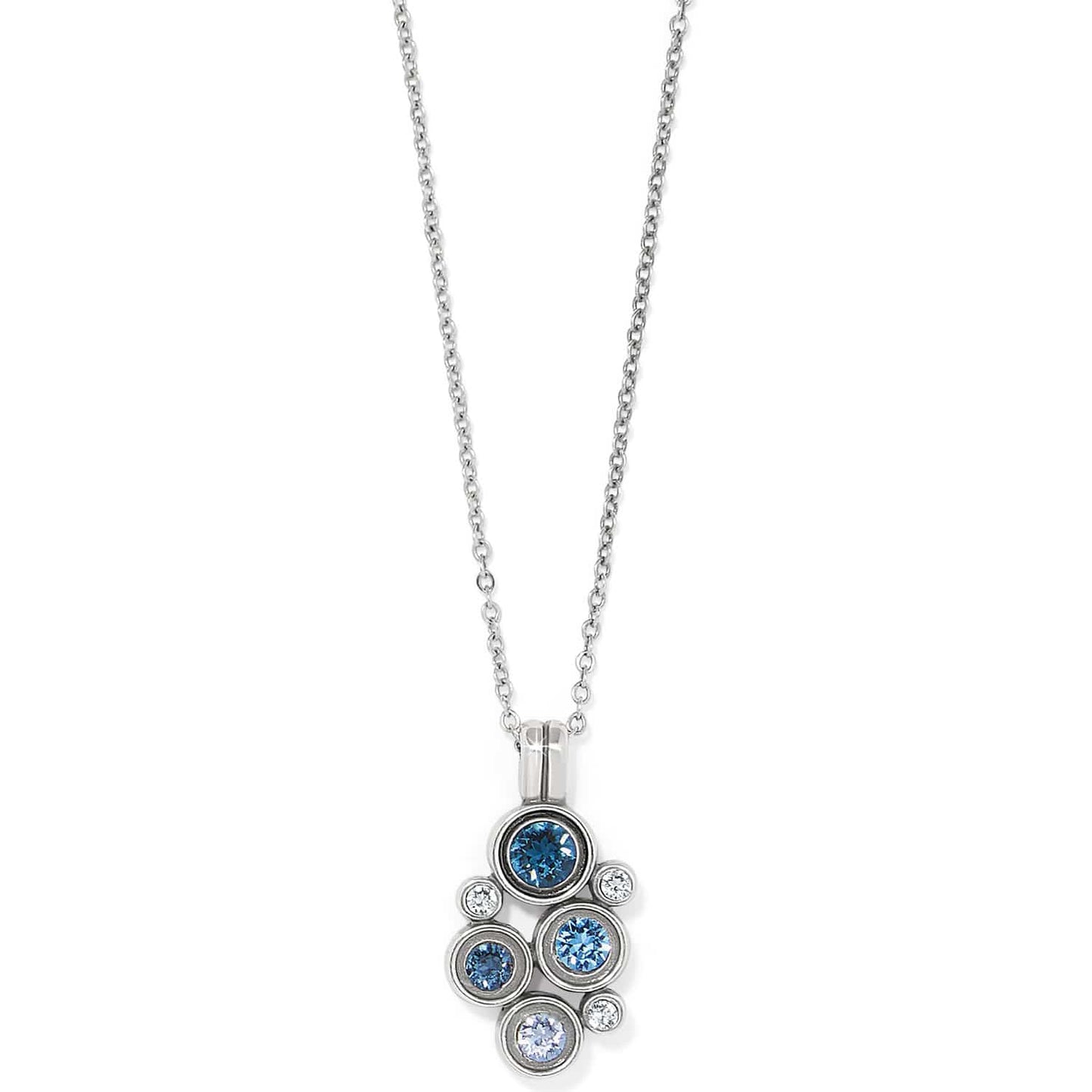 Brighton pendant necklace with blue and clear crystals in silver-plated bezel cluster setting on a white background