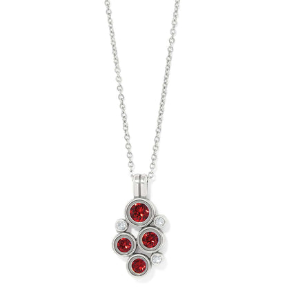 Brighton pendant necklace with red and clear crystal cluster and silver-plated chain on a white background