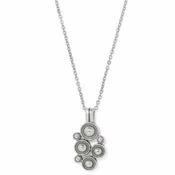 Brighton pendant necklace with silver-plated cluster of hammered circles and crystal accents on a white background