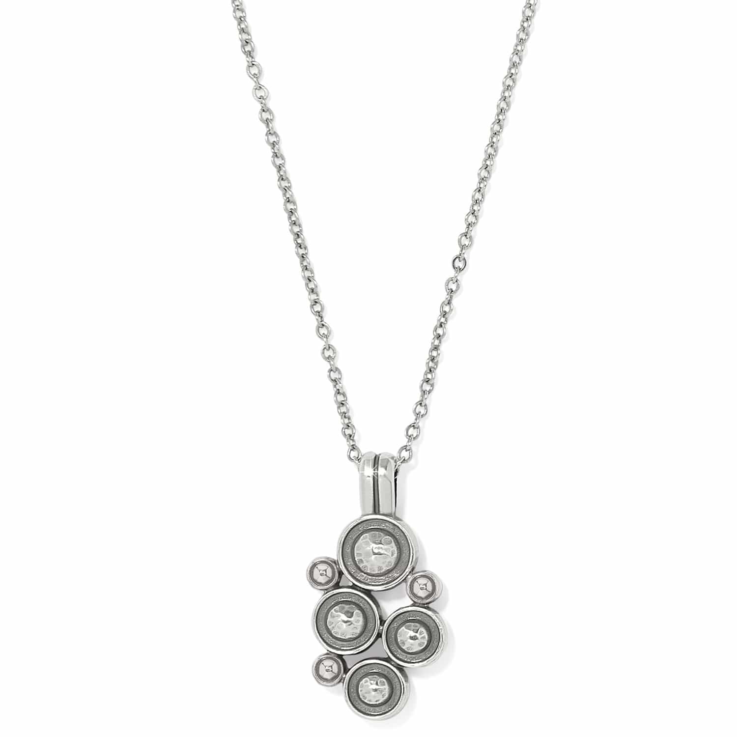 Brighton pendant necklace with silver-plated cluster of hammered circles and crystal accents on a white background