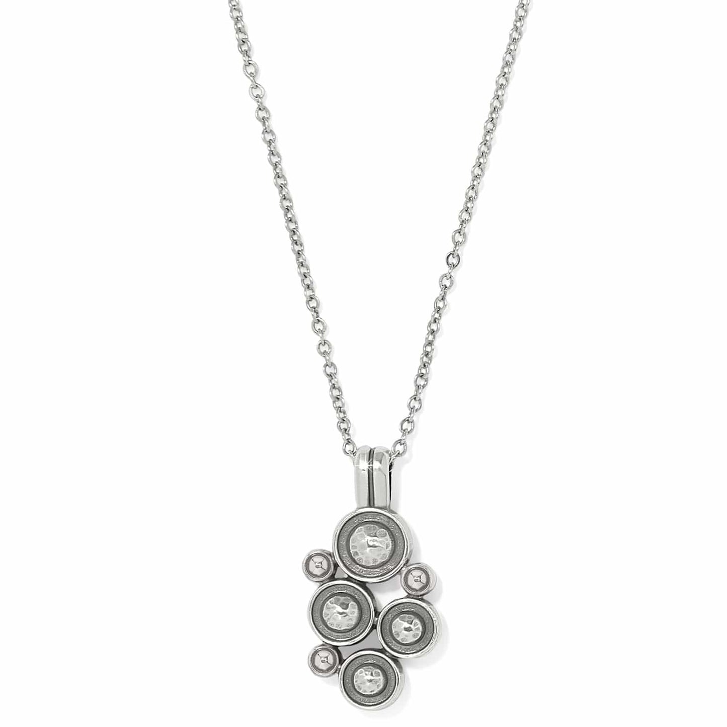 Brighton pendant necklace with silver-plated cluster of hammered circles and crystal accents on a white background