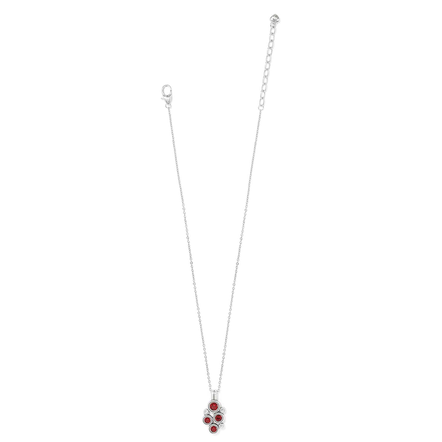Brighton pendant necklace with red and clear crystal cluster on silver-plated chain with extender on a white background