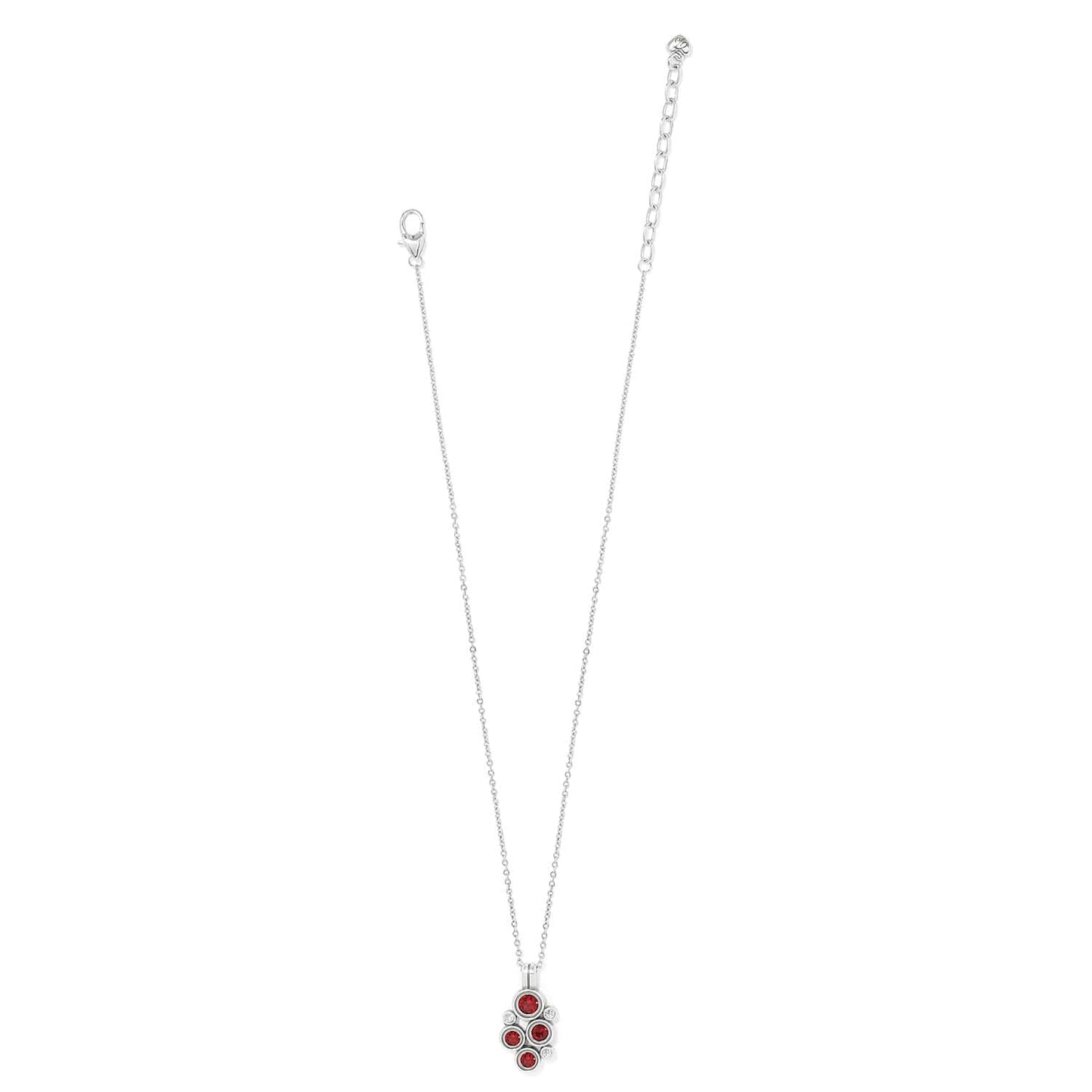 Brighton pendant necklace with red and clear crystal cluster on silver-plated chain with extender on a white background