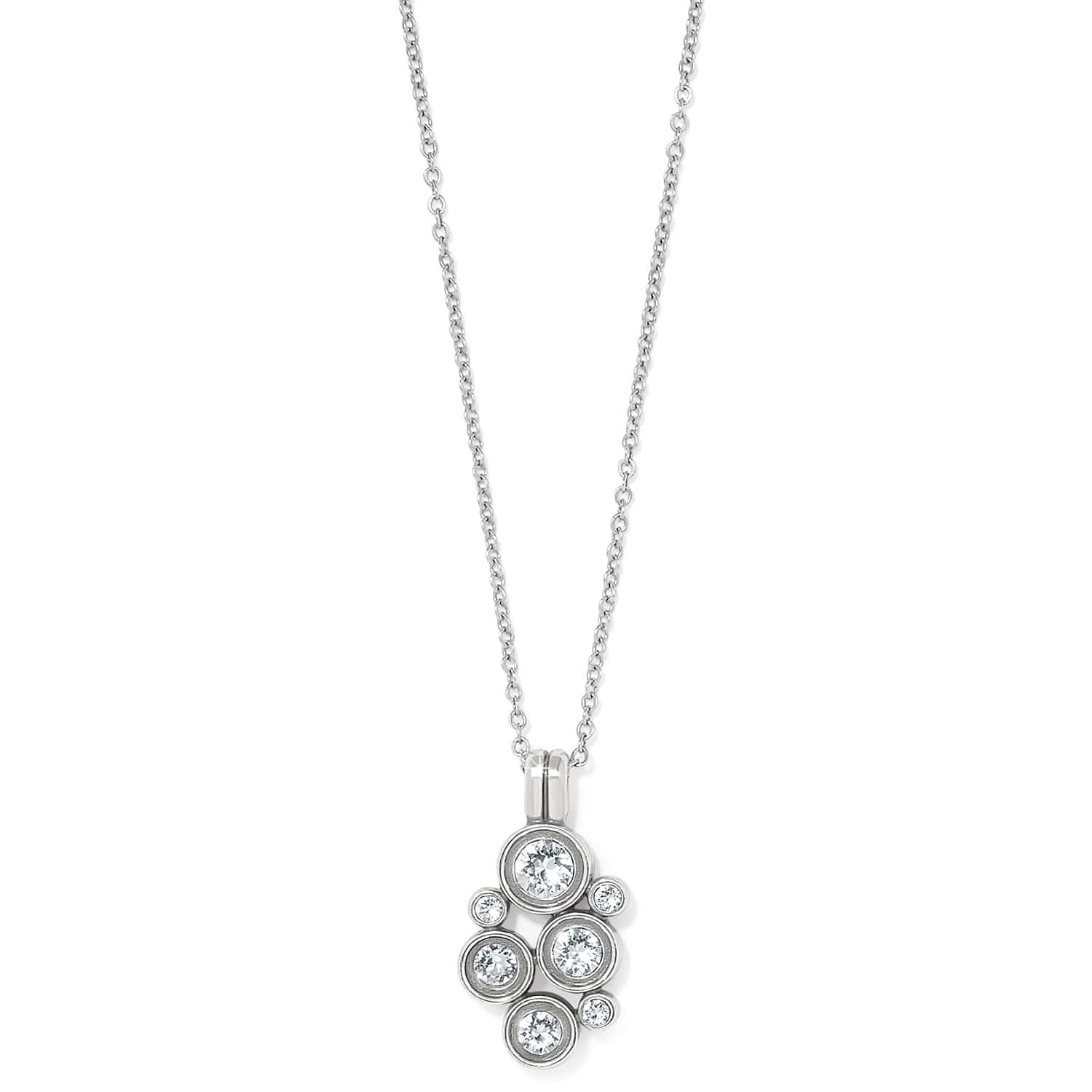 Brighton pendant necklace with silver-plated cluster of round crystals on delicate chain on a white background