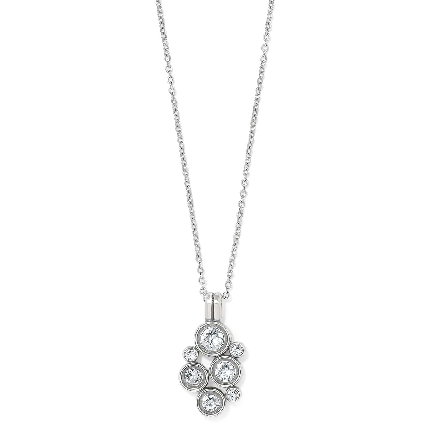 Brighton pendant necklace with silver-plated cluster of round crystals on delicate chain on a white background