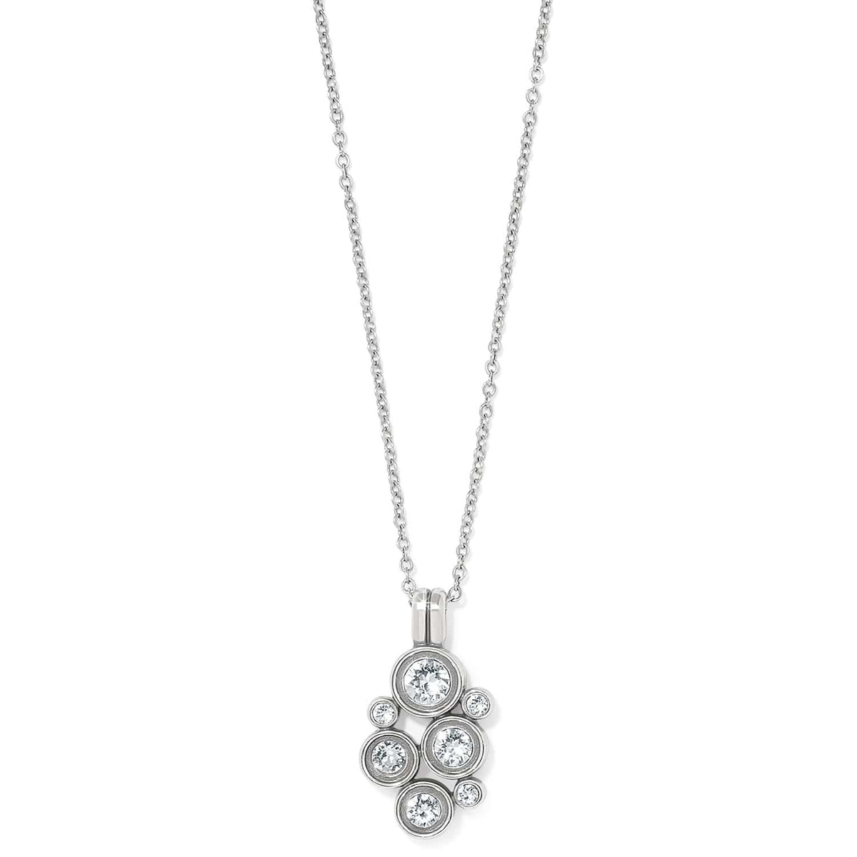 Brighton pendant necklace with silver-plated cluster of round crystals on delicate chain on a white background