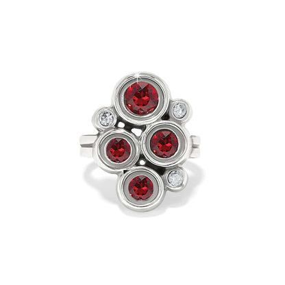 Brighton ring with red crystal cluster and clear crystal accents in silver-plated bezel settings on a white background