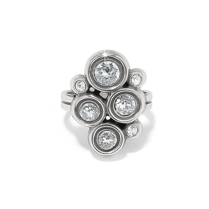 Brighton silver-plated ring with cluster of round crystals in varying sizes on a white background