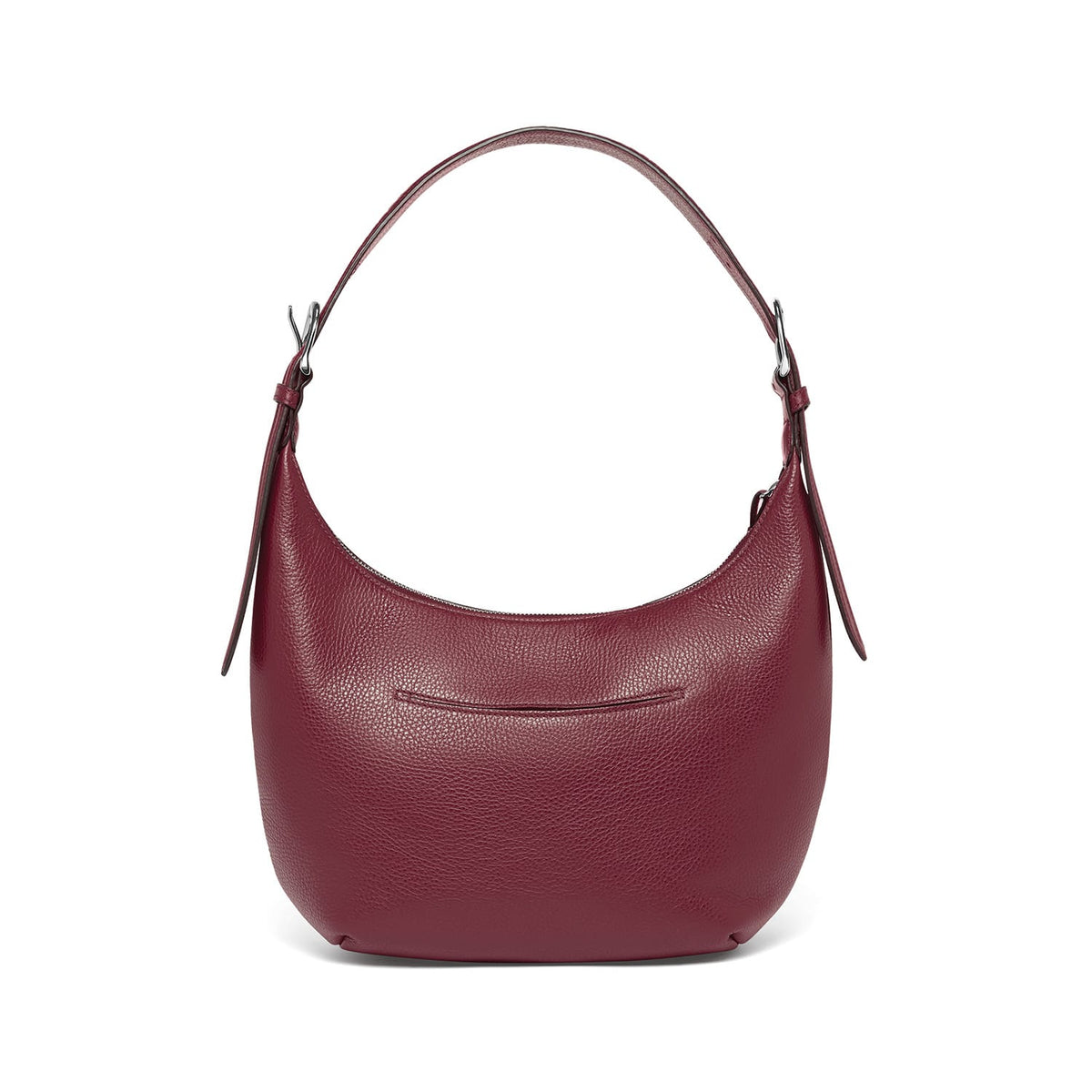 Brighton hobo handbag in burgundy pebbled leather shown from the back with slim top handle on a white background