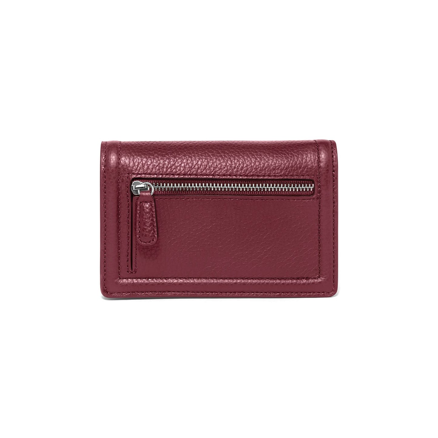 Brighton burgundy leather wallet shown from the back with silver-tone zippered pocket on a white background