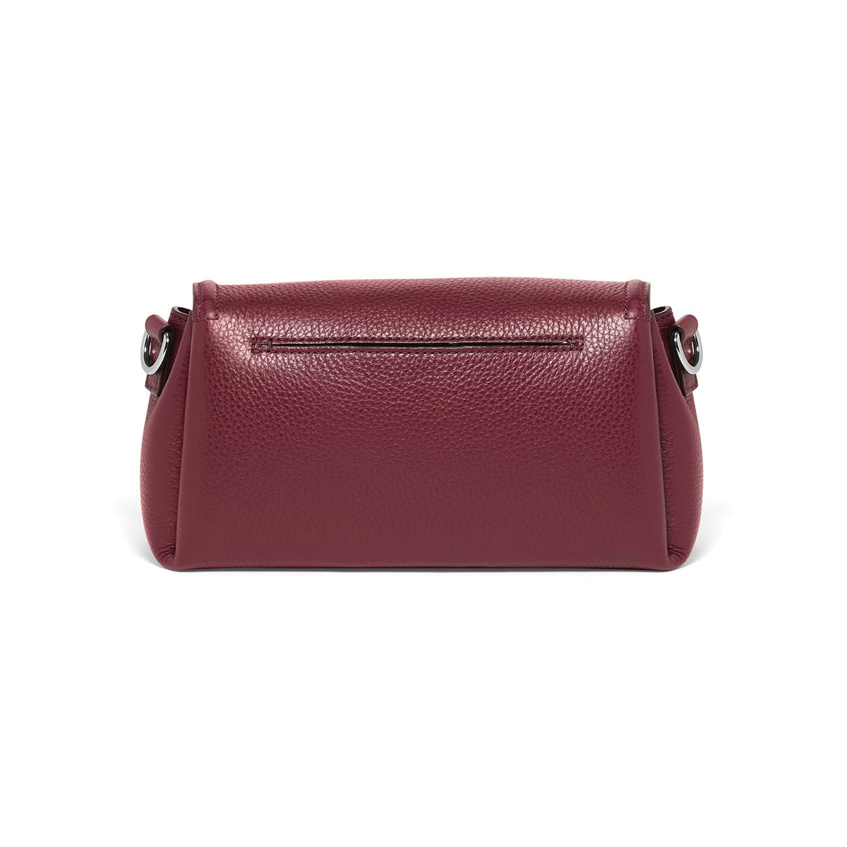 Brighton handbag shown from the back in burgundy pebbled leather with slim zip pocket on a white background
