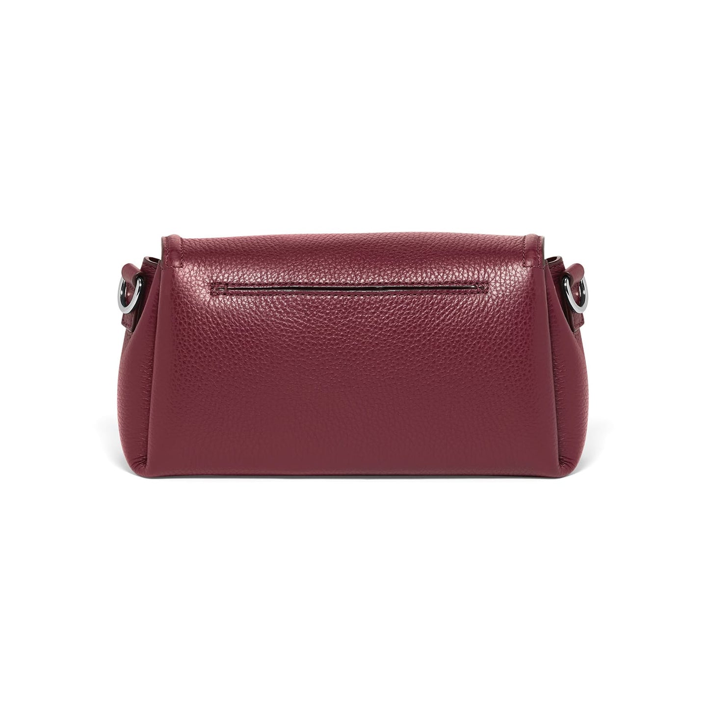 Brighton handbag shown from the back in burgundy pebbled leather with slim zip pocket on a white background