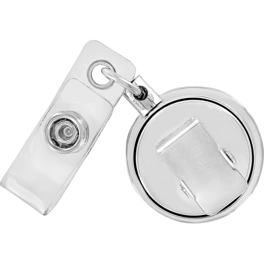 Brighton retractable badge reel with silver-plated round housing and clear strap with snap closure on a white background