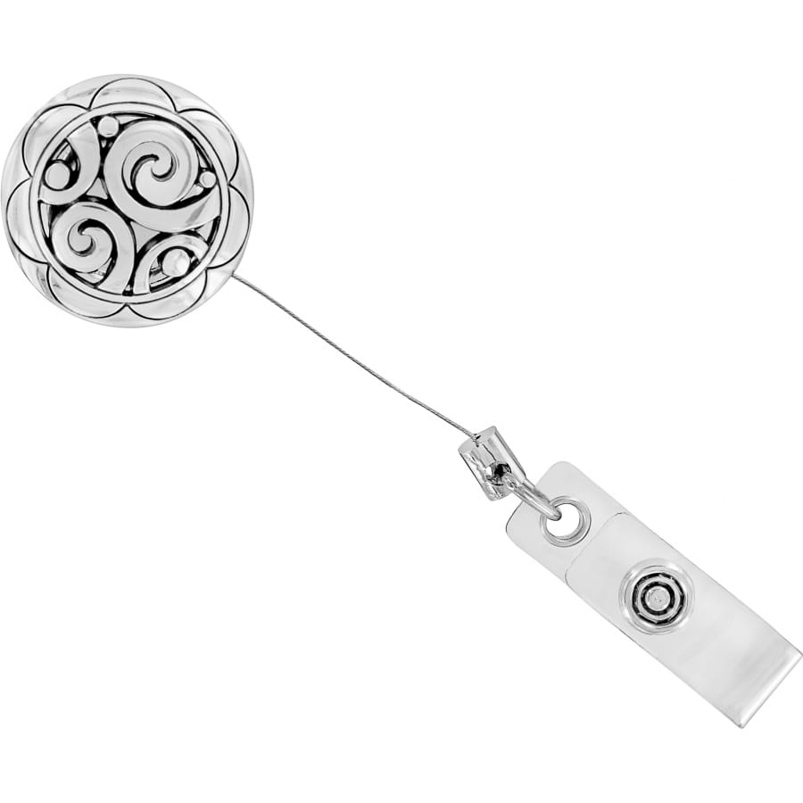 Brighton retractable badge reel with silver-plated scrollwork medallion and clear vinyl strap clip on a white background