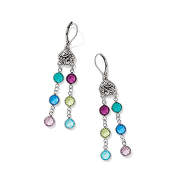 Brighton drop earrings with silver-plated scroll motifs and dangling multicolored crystal accents on a white background