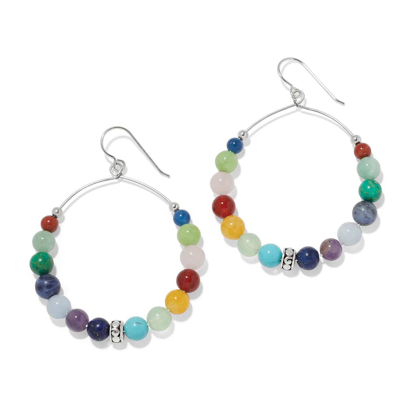 Brighton hoop earrings with multicolored gemstone beads and silver-plated accents on a white background