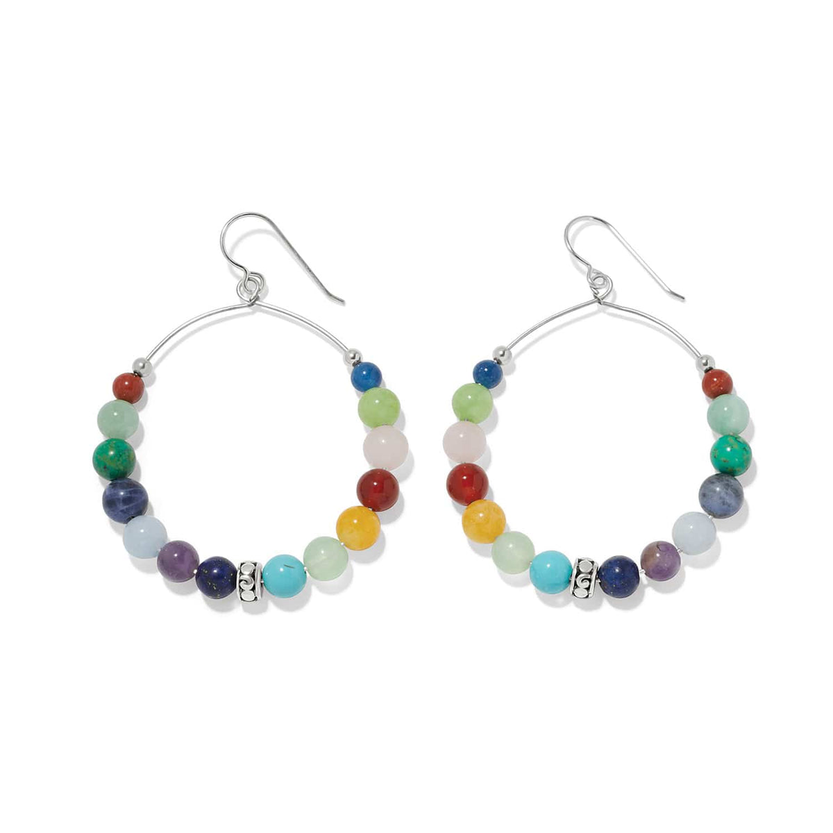 Brighton hoop earrings with multicolored gemstone beads and silver-plated accents on a white background