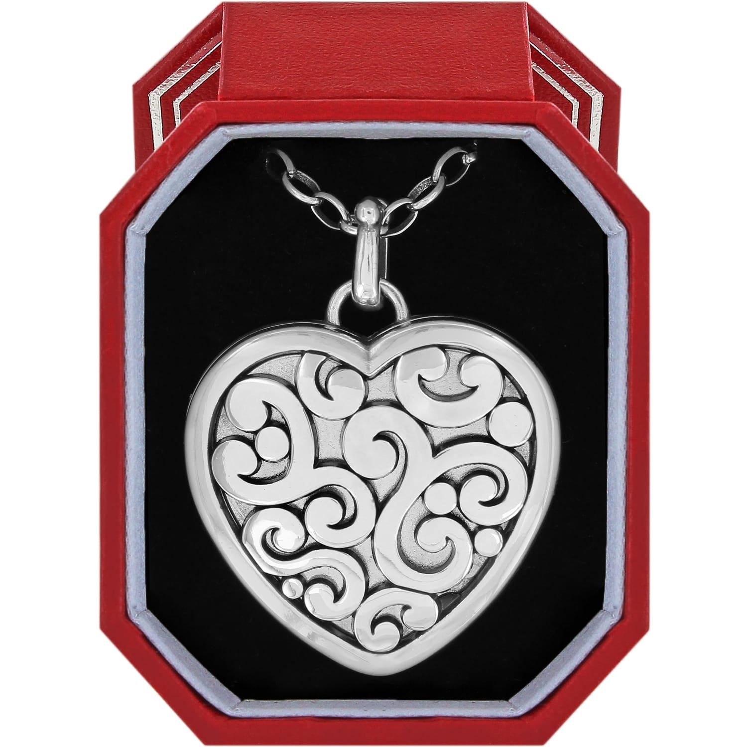 Brighton heart pendant necklace with silver-plated scroll design displayed in a red gift box on a white background