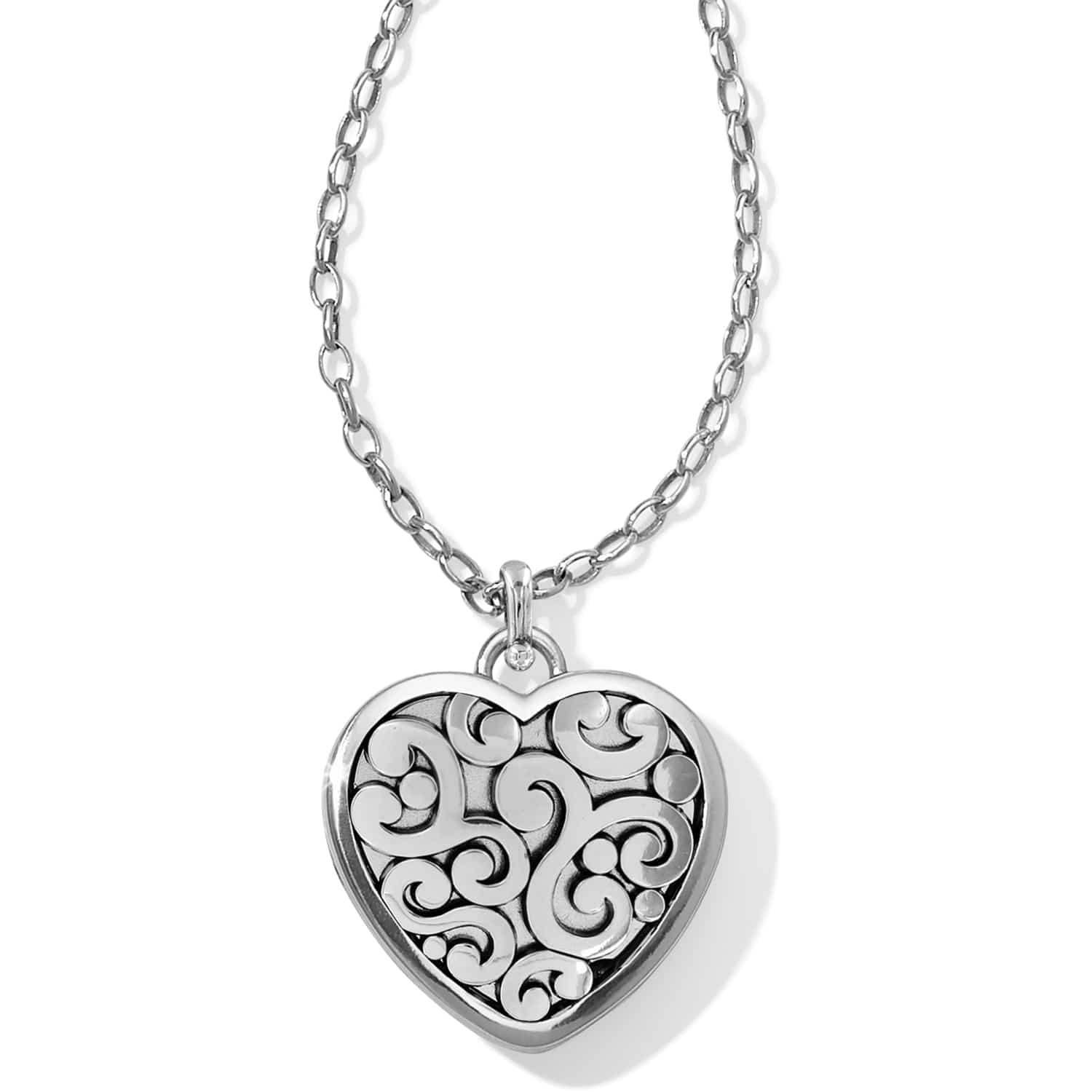 Brighton heart pendant necklace with silver-plated scroll and dot relief design on a white background