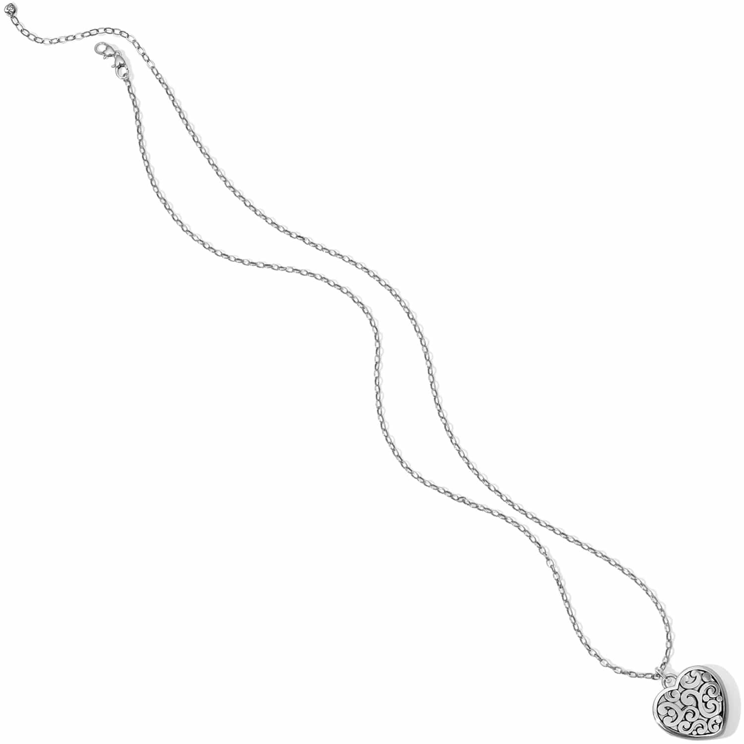 Brighton pendant necklace with silver-plated heart charm featuring scroll filigree detail and lobster clasp on a white background