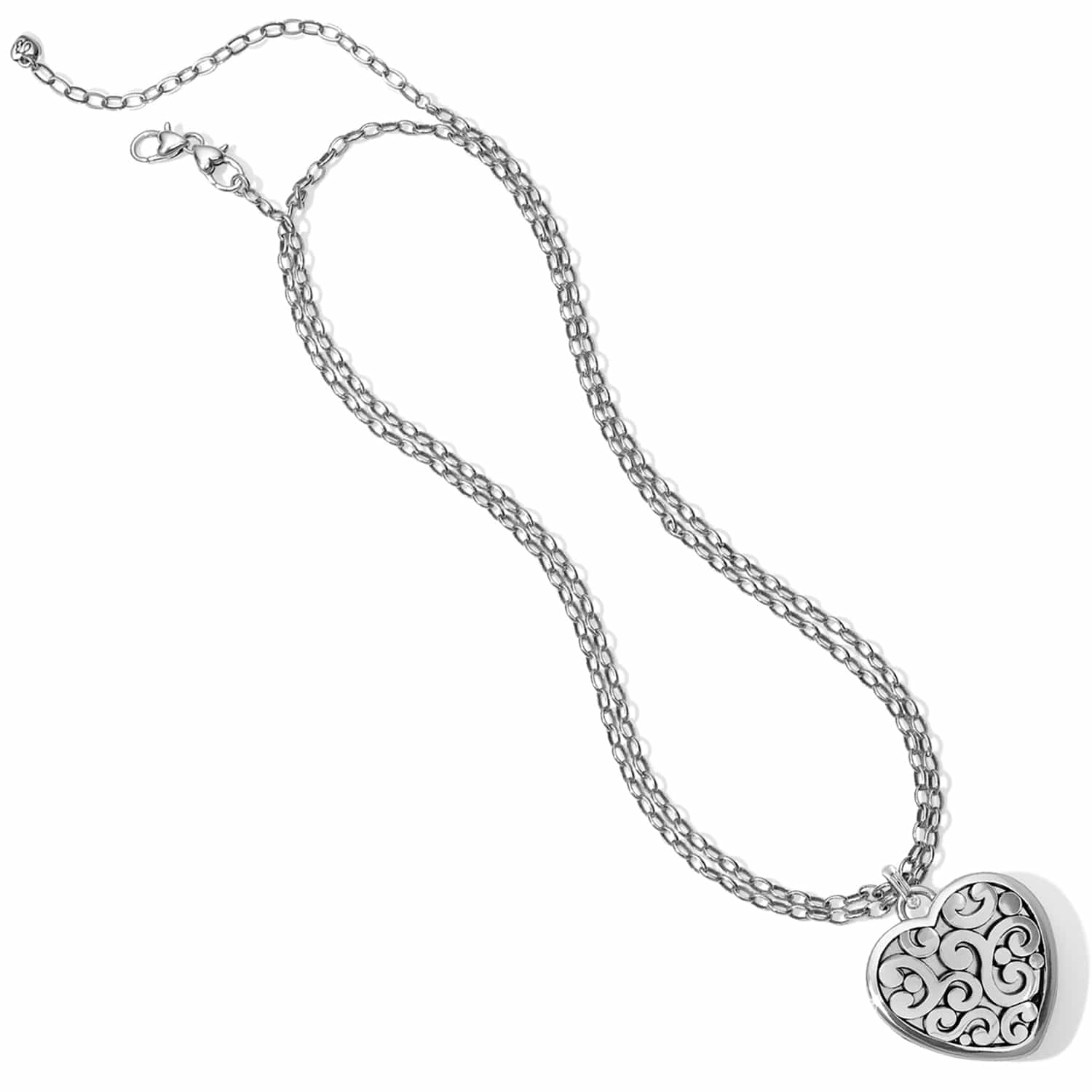 Brighton pendant necklace with silver-plated scrollwork heart charm and double chain on a white background