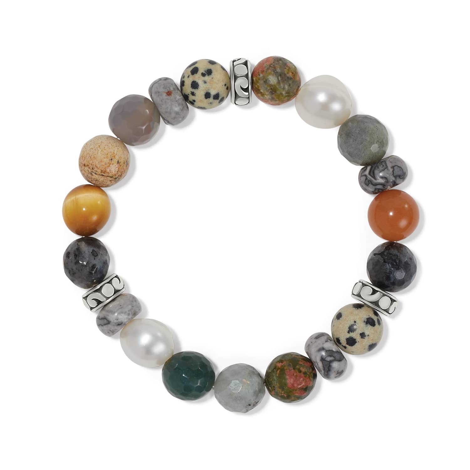Brighton beaded stretch bracelet with multicolored gemstones, pearls, and silver-plated accent beads on a white background