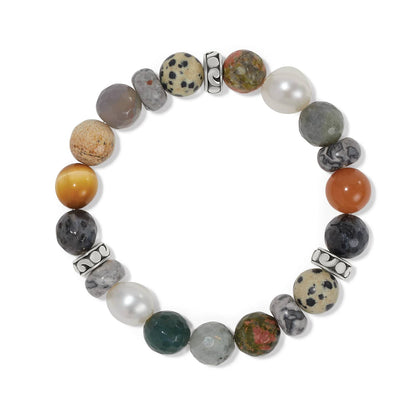 Brighton beaded stretch bracelet with multicolored gemstones, pearls, and silver-plated accent beads on a white background