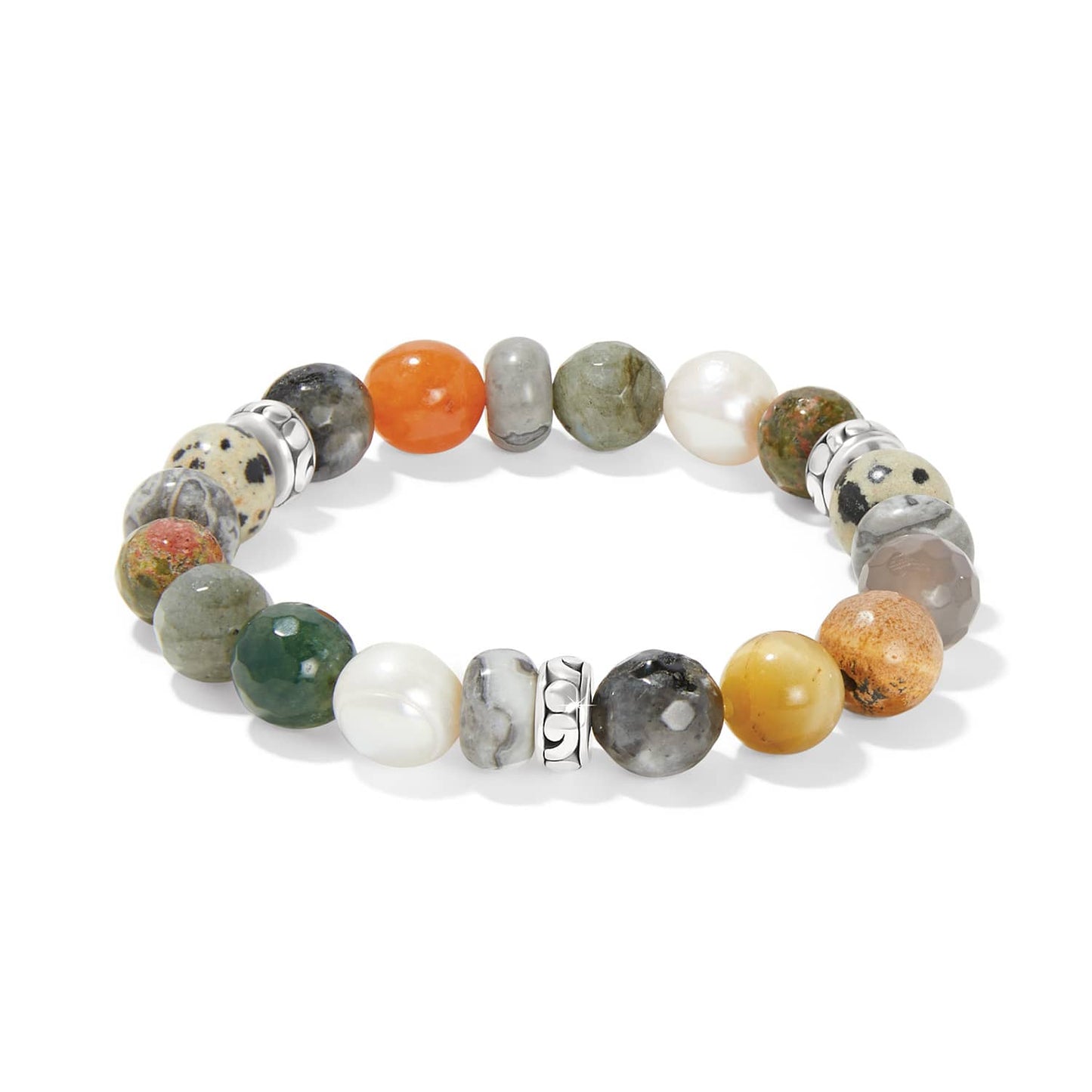 Brighton beaded stretch bracelet with mixed gemstone beads, pearls, and silver-plated accents on a white background
