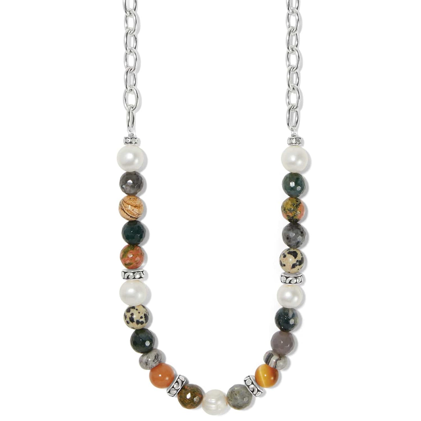 Brighton beaded necklace with glass pearls, multicolor stone beads, and silver-plated chain and accents on a white background