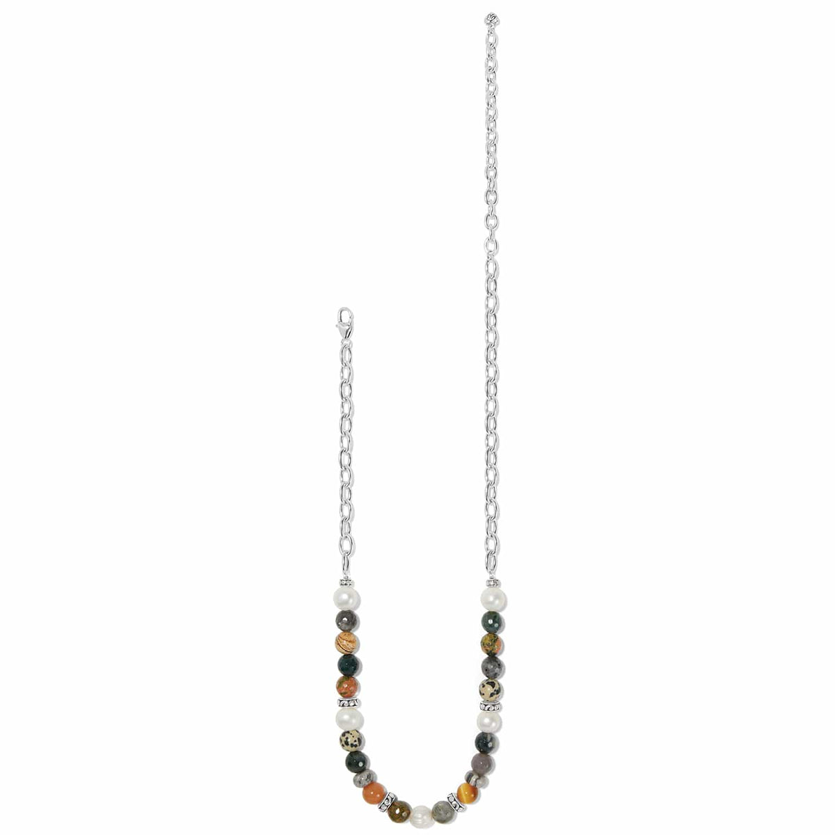 Brighton beaded necklace with multicolor stones, glass pearls, and silver-plated chain and accents on a white background