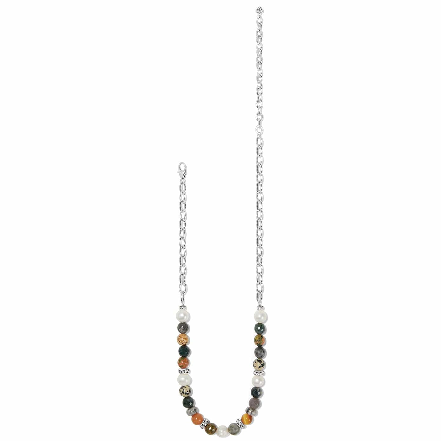 Brighton beaded necklace with multicolor stones, glass pearls, and silver-plated chain and accents on a white background