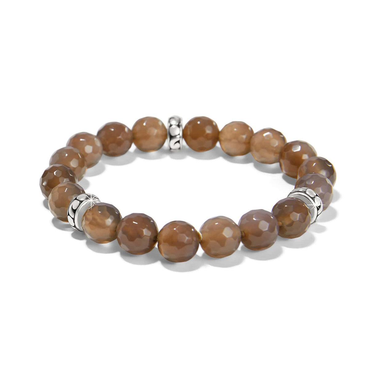 Brighton beaded stretch bracelet with faceted brown stone beads and silver-plated accent spacers on a white background