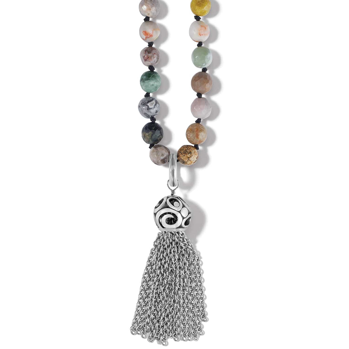 Brighton beaded necklace with multicolor jasper and agate stones and silver-plated tassel pendant on a white background