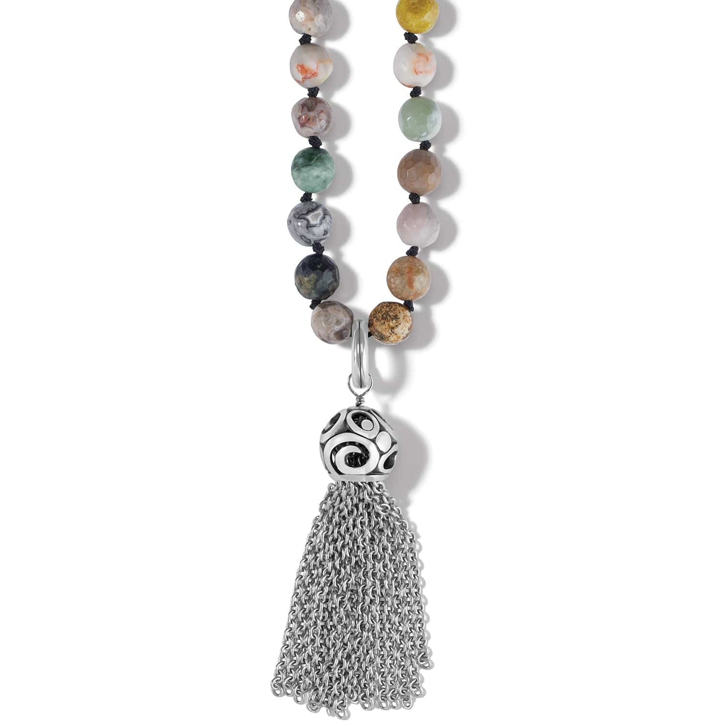 Brighton beaded necklace with multicolor jasper and agate stones and silver-plated tassel pendant on a white background