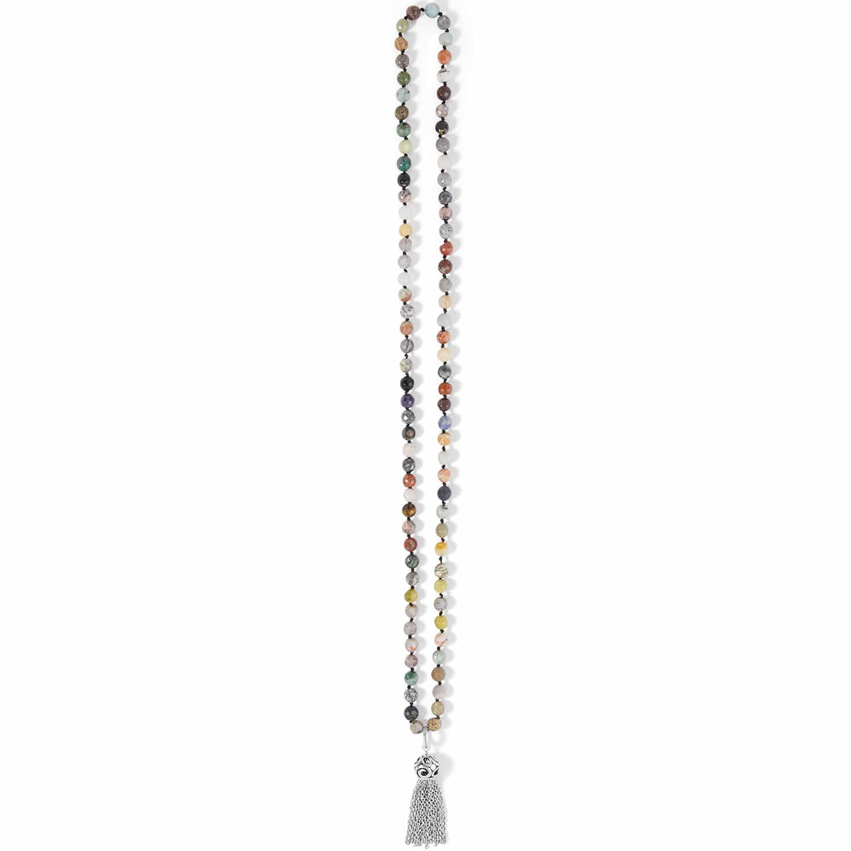Brighton beaded tassel necklace with multicolored jasper and agate stones and silver-plated tassel on a white background