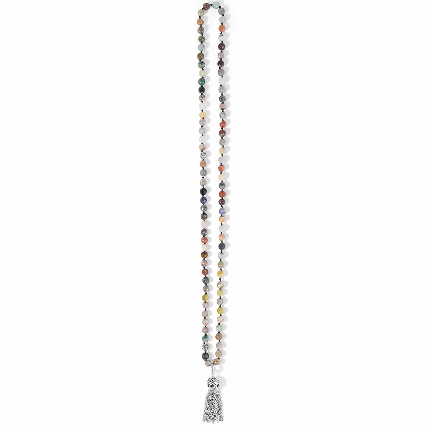 Brighton beaded tassel necklace with multicolored jasper and agate stones and silver-plated tassel on a white background