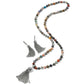 Brighton multicolor jasper beaded necklace with silver-plated tassel pendant styled with matching chain tassel earrings on white