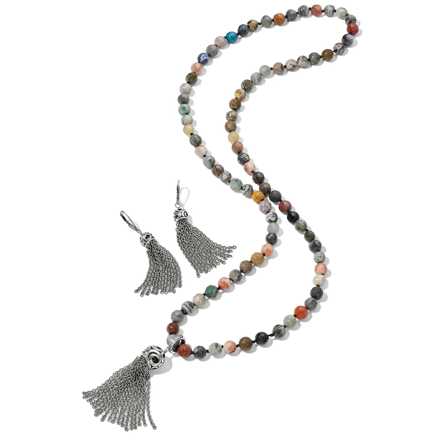 Brighton multicolor jasper beaded necklace with silver-plated tassel pendant styled with matching chain tassel earrings on white