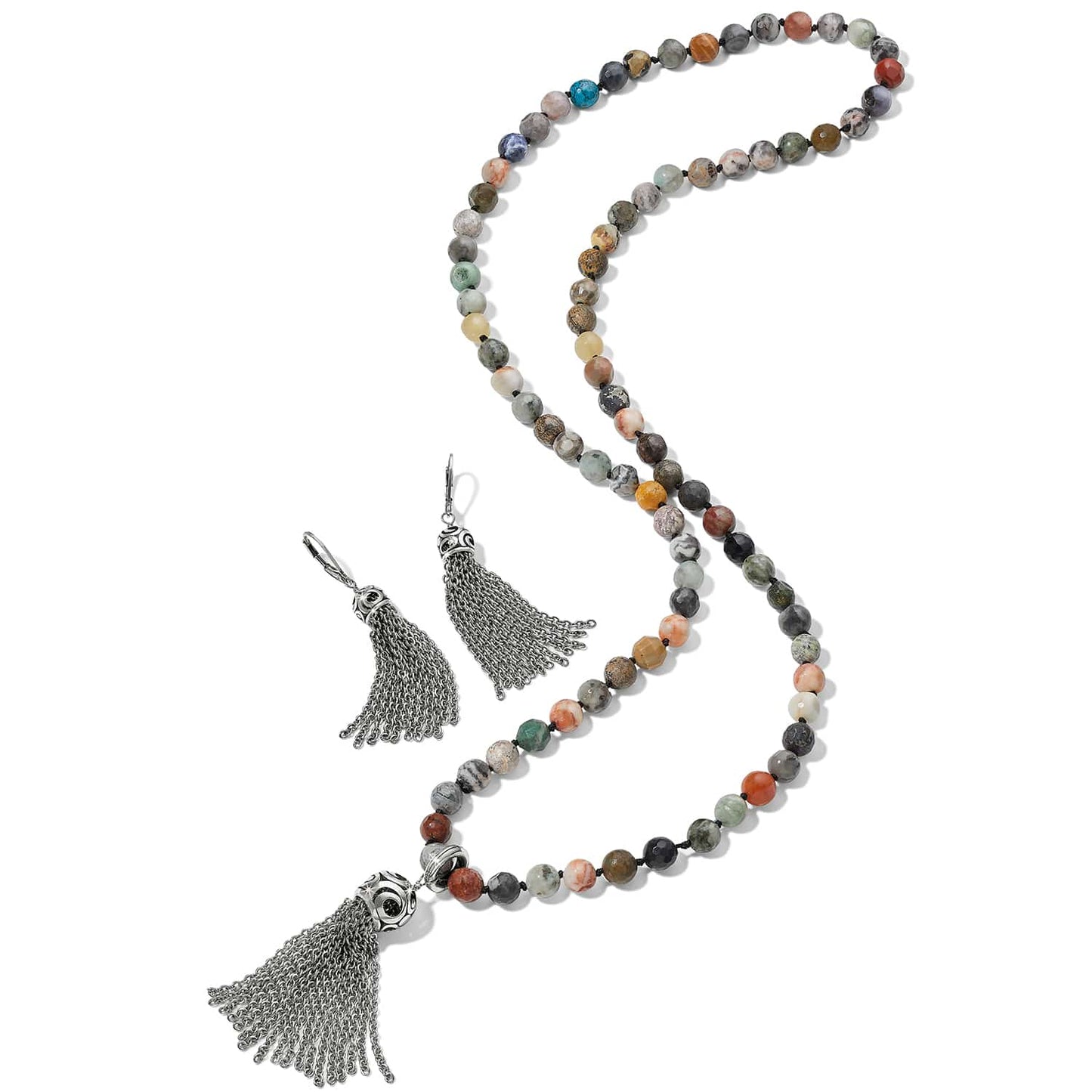 Brighton multicolor jasper beaded necklace with silver-plated tassel pendant styled with matching chain tassel earrings on white
