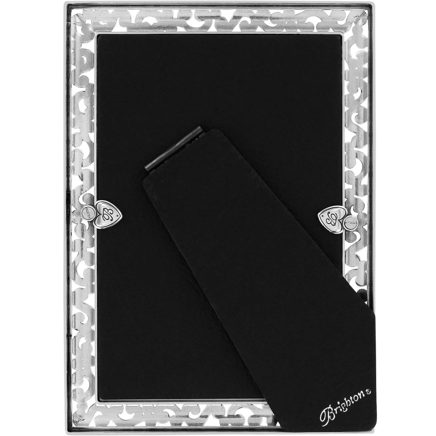 Brighton picture frame shown from the back with silver-plated scroll cutout border and black velvet easel stand on a white background
