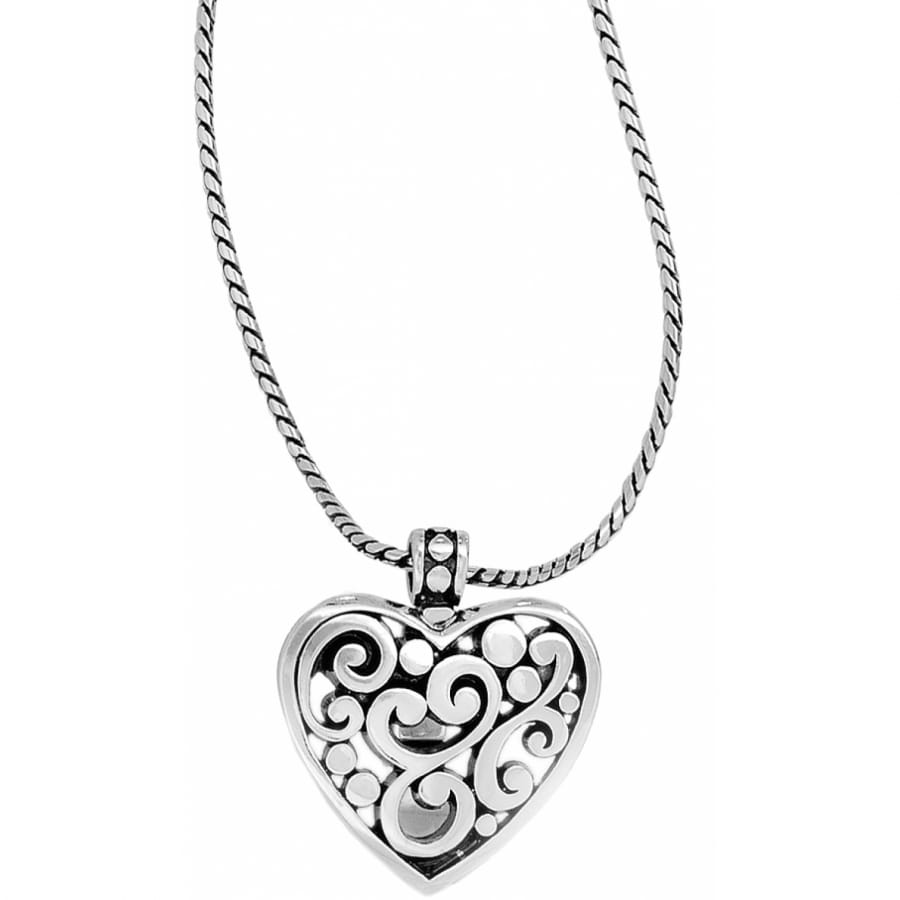 Brighton pendant necklace with silver-plated heart featuring openwork scroll and dot design on a white background